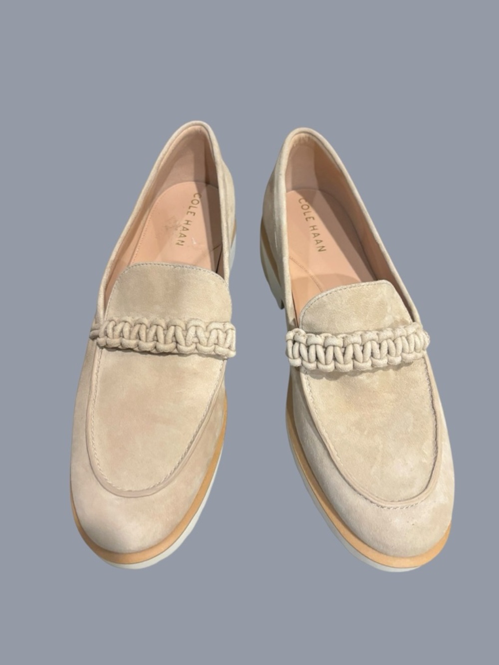 Cole Haan Beige Suede Braided Vamp Loafers